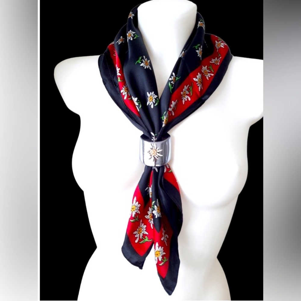 Traditional German Swiss Edelweiss Square Scarf Navy Red Oktoberfest 50cm x 50cm